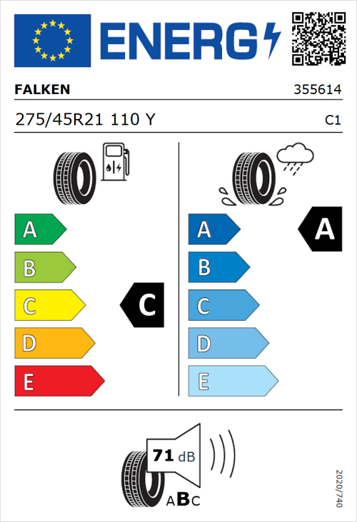 Tyre Label for Falken Azenis FK520 SUV 275/45R21 110Y
